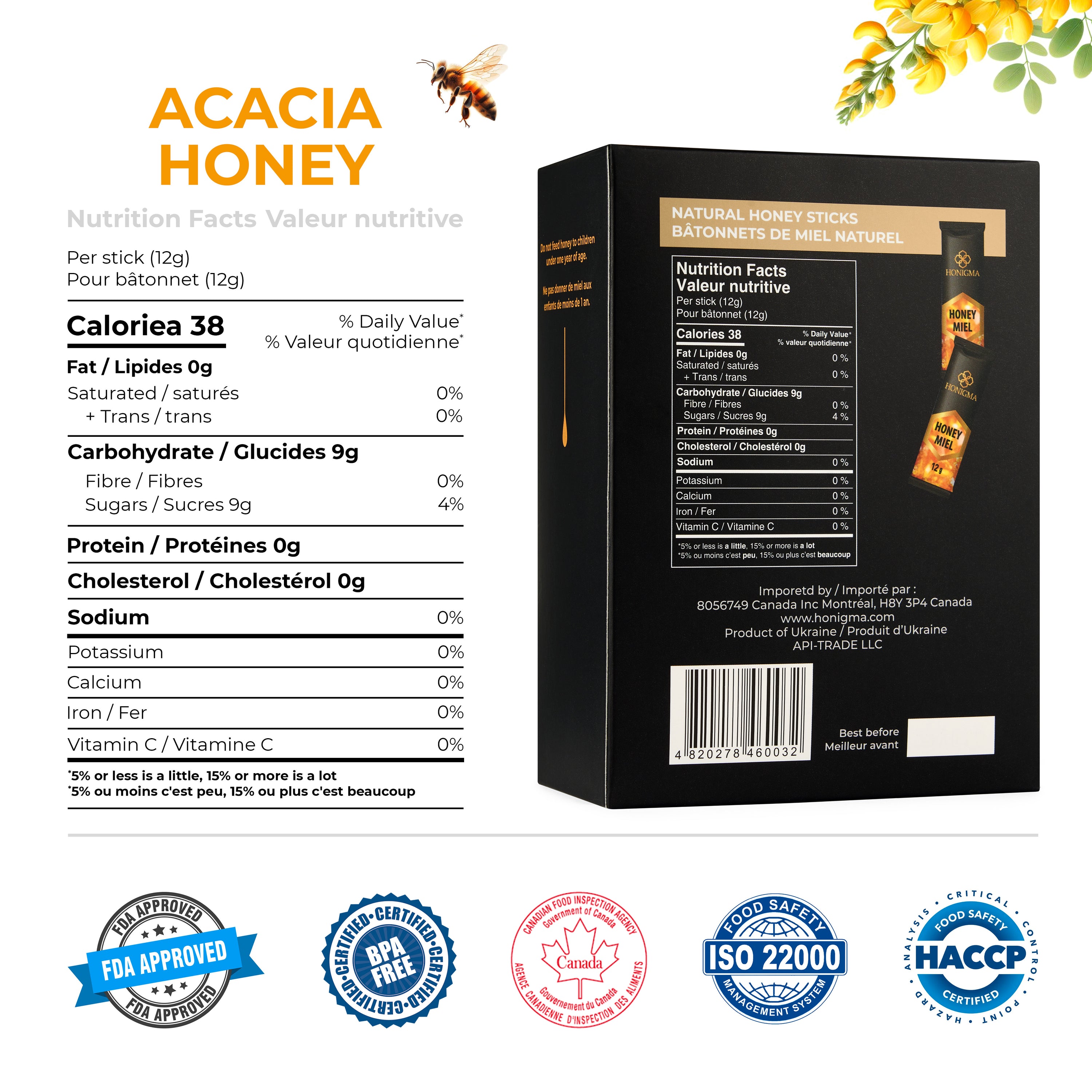 Pure Ukrainian Acacia Honey Sticks Box 600g (50x12g)